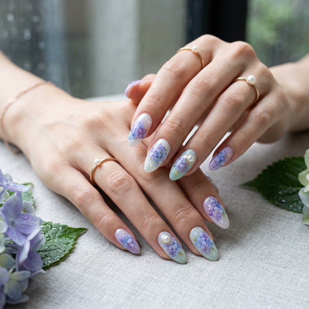パステルラベンダーとミントグリーンの水彩グラデーションにパールとゴールドをあしらった紫陽花ネイル