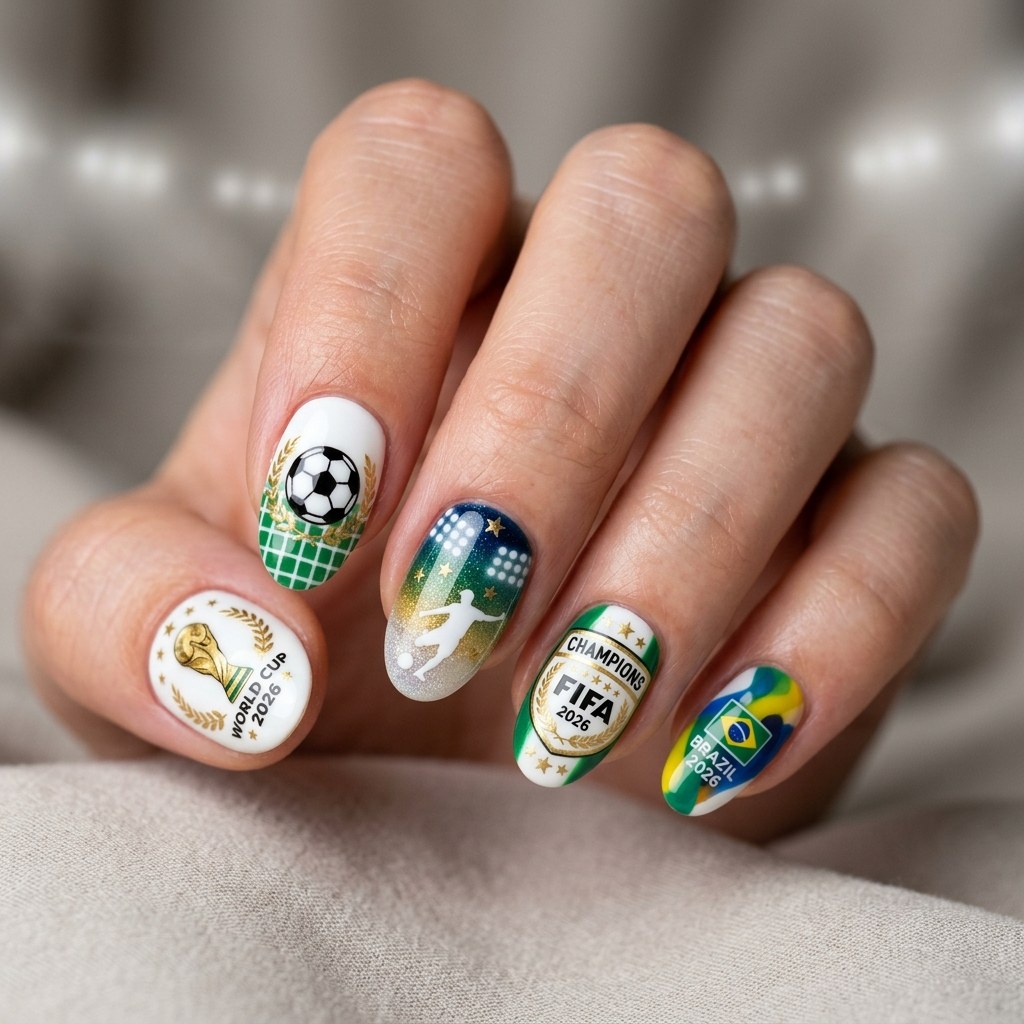ホワイトベースにサッカーボールとW杯トロフィー・ブラジルカラーを描いたジェルネイル